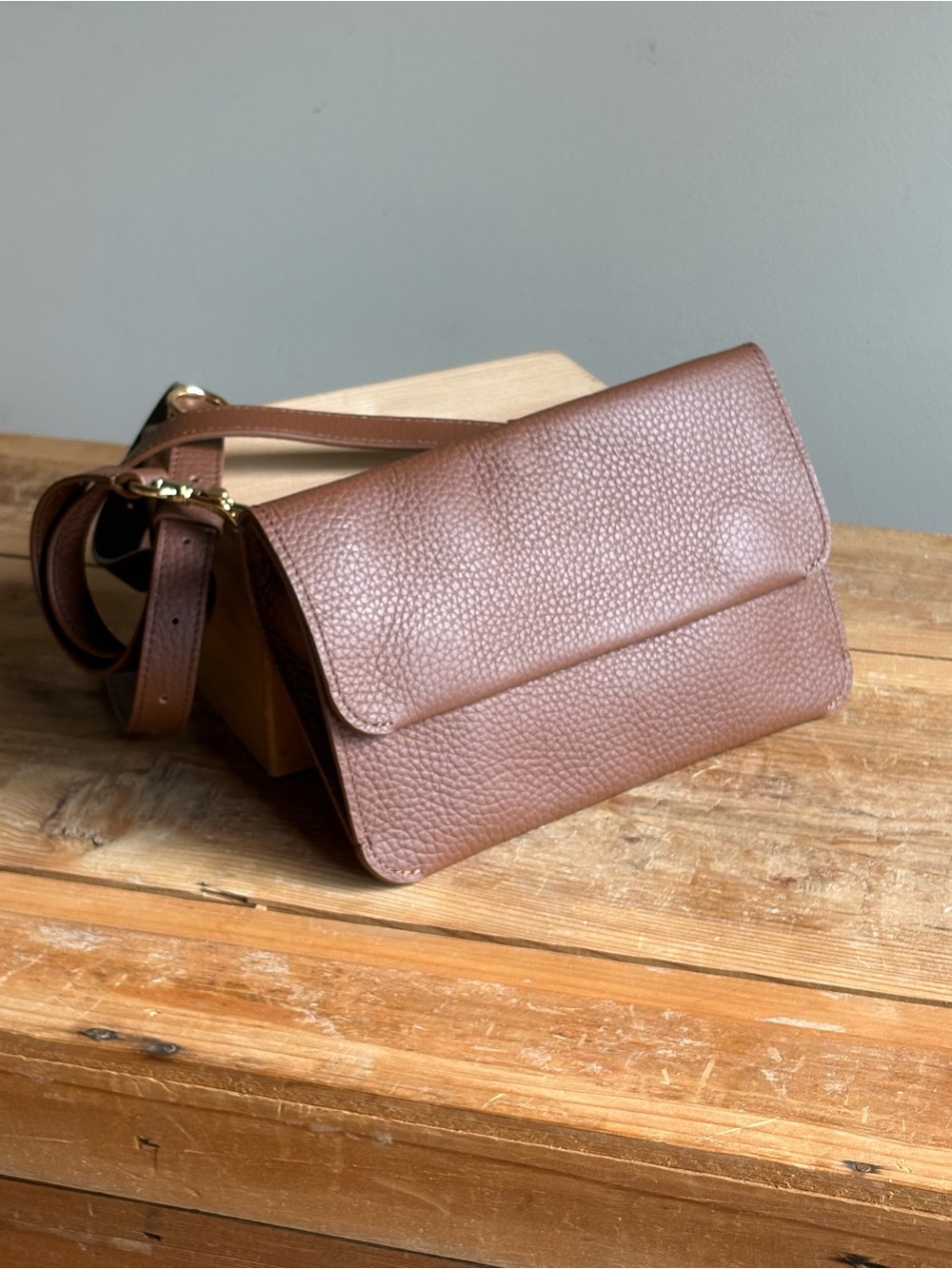 Cuyana System Flap Bag with Adjustable Strap in Pebbled Dark Chestnut Leather